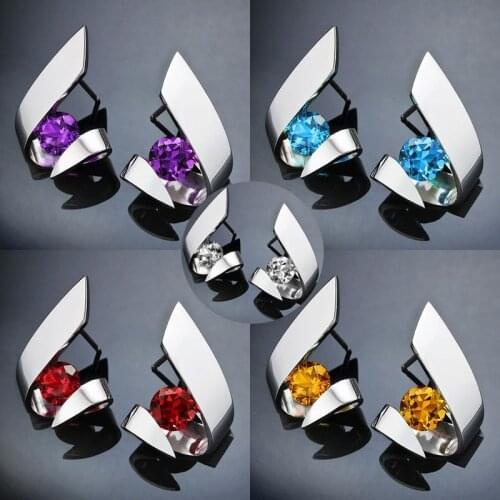 Fashion Silver Color irregular geometric circle Stud Earrings for Women Purple White CZ Zircon female jewelry oorbellen