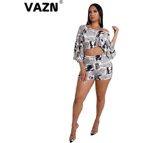VAZN New Plus Size Sweet Vintage Young Georgette Outfits Sexy Style Full Sleeve Top Short Pants Slim Women 2 Piece Set