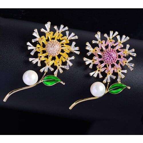 OKILY Elegant Sunflower Brooches Pin Red and Yellow Zircon with Pearl Brooch for Women Scarf Shawl Coat Suit Jewelry Accessories