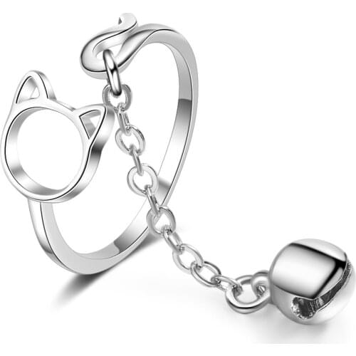 POPACC 925 Sterling Silver Cute Cat Bell Ring For Women Girl Adjustable Ring