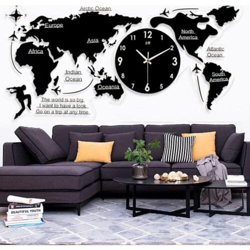 Nordic minimalist wall clock Acrylic creative world map wall sticker Home living room Silent clock creative DIY black sticker