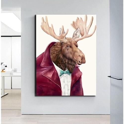 Modern Style Moose Canvas Painting Wall Art Posters And Prints Funny Animals Get Clothes for Nordic Kids Room Home Decorativos