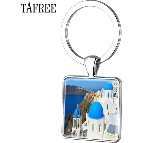 TAFREE Greece Santorini Island Square Keychains Hot Sale high Quality Silver Plated key Chains Great Sea Scene jewelry FA397