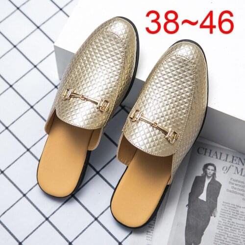Genuine Leather Black Half Shoes For Men Shoes Mules Casual Sandals Shoes Fashion Luxury Designer Brand Loafer Gold Black Slides
