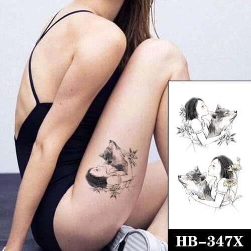 Unique Wolf Girl Temporary Tattoo for Women Female Realistic Sunflower Tatoo Waterproof Arm Legs Body Art Fake Tattoo Sticker