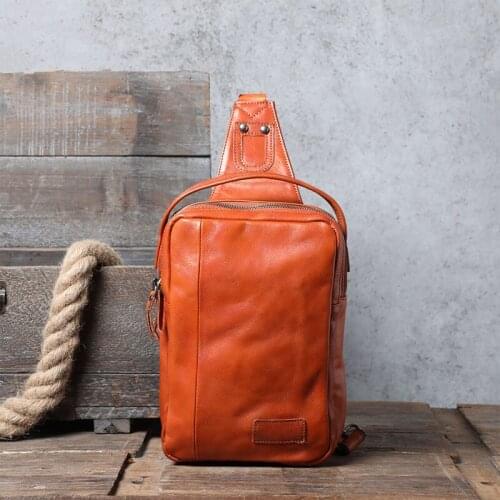 The first layer of cowhide mens chest bag mobile phone bag leather handmade motorcycle shoulder messenger bag casual retro