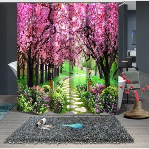 Pink Peach Blossom Forest Sweet Lilies Shower Curtains Green Tree Spring Scenery Waterproof Bathroom Curtain Set Bathtub Decor
