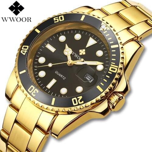WWOOR Brand Luxury Mens Watches Quartz Analog Luminous Gold Wristwatch Waterproof Golden Stainless Steel Dress Male Wrist Watch