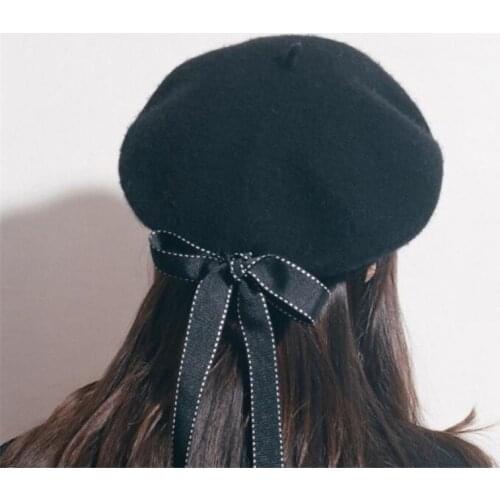 Japanese Handmade Lace Bow Ribbon Sweet Beret Wool Warm Painter Hat Mori Girl Lolita Autumn Winter Retro Pancake Cap B1184