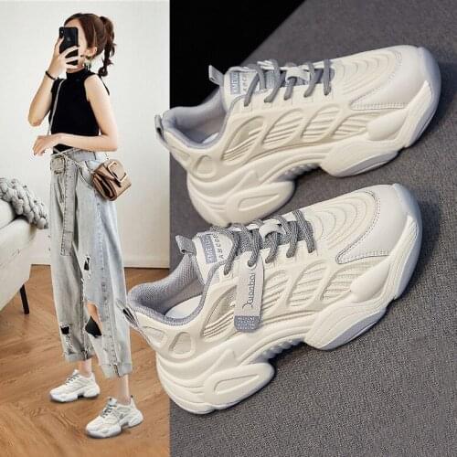 Women Chunky Sneakers Fashion Platform Shoes Casual Thick Sole Breathable Mesh Lace Up Running Shoes Female White Walking Shoes