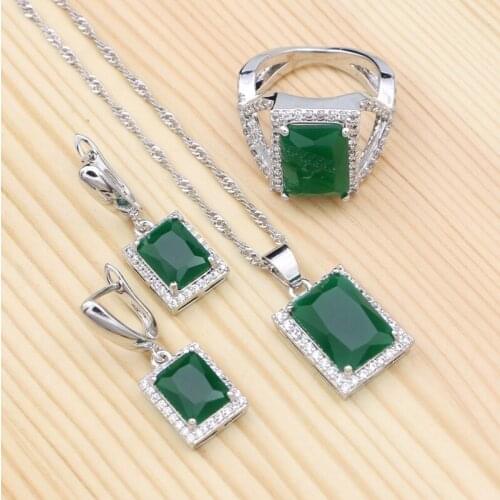 925 Sterling Silver Bridal Jewelry Sets For Women Green Square Stones White Crystal Drop Earrings Pendant Necklace Ring Set