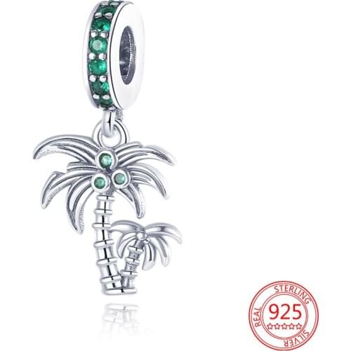 New 925 Sterling Silver Green Zircon Summer Coconut Tree Charm Bead Fashion Woman Jewelry Fit Original Pandora Bracelet Bangle