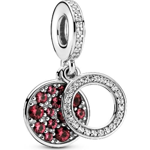New 925 Sterling Silver Red Zircon Double Pendant Charm Fit Original 3mm Bracelet&Bangle Making Fashion DIY Jewelry For Women