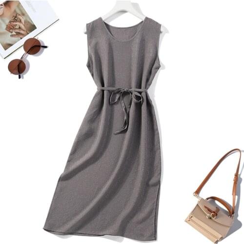 Womens 100% Mulberry Silk 19mm heavy Silk crew neck side slit Sexy sleeveless gray color Long Dress JN688