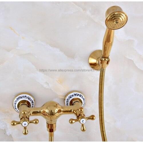 Golden Bathroom Shower Faucet Mixer Tap With Hand Held Shower Head Set Double Handles Wall Mounted Bathroom Faucet Nna972
