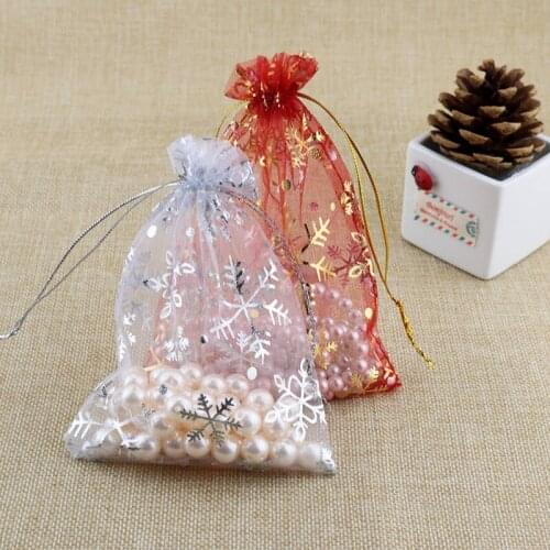 100Pcs gift bag Snowflake Print Organza Bags 7X9 10X14 13X18cm Christmas Drawstring Gift Bag Jewelry Packaging Bags Pouches