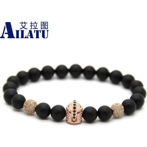 Ailatu 8mm Natural Black Matte Onyx Stone Beads and Micro Pave CZ Ball, Double-face Hero Spartan Helmet Bracelet