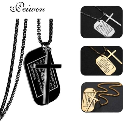 Military Style Dog Tags Cross Pendant Necklace Christian Lords Prayer Bible Verse For Men Women Stainless Steel Charm Choker