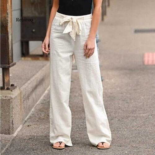 White Cotton Linen Trousers Women Loose Casual Bow Belt Wide Leg Pants Autunm Fashion Solid Bandage Women Trouse