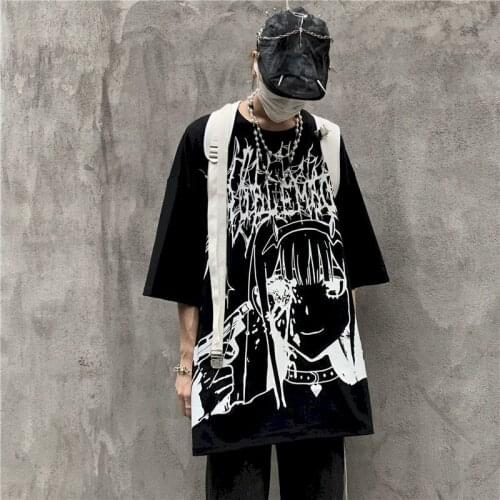 Hip hop Dark Manga Anime Clothes T Shirt Men Women Harajuku Gothic Unisex Tops Tee Loose Oversized T-shirt alternative clothing