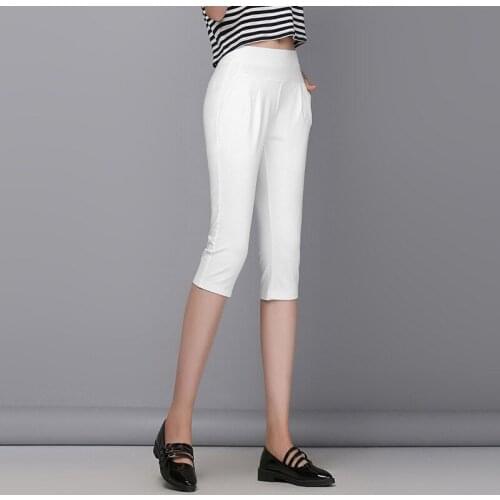 High Waist Capris Pants Women Summer Loose Clothes Super Elastic Pencil Pants White Orange Stretch Keen Length Trousers