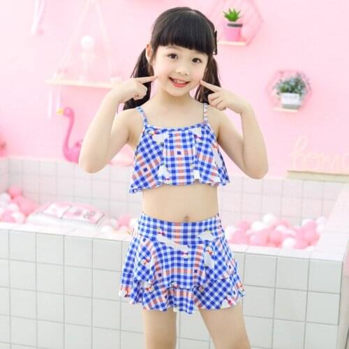 Kids Girls High Waist Bikini Swimdress Cute 2 Piece Grid Print Swimsuit Blue/Red Lovely Child Microfiber Skirt Children Swimwear