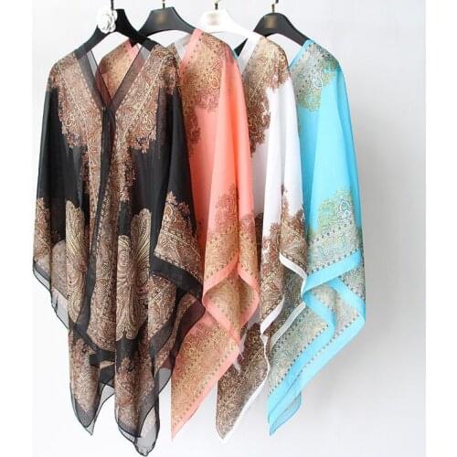 TDFunlive summer sun protecti printed loose cardigan shawl female thin beach Scarves scarf cardigan Chiffon sexy Bikini cover up