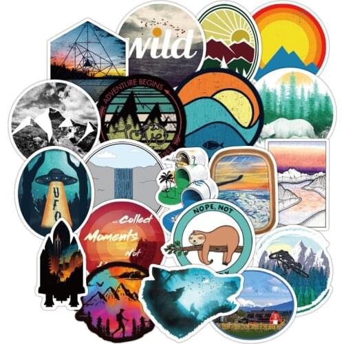 50PCS Outdoor Travel Scenery Stickers Trolley Graffiti Round Stickers Cute Waterproof Guitar Skateboard Doodle Stickers F4