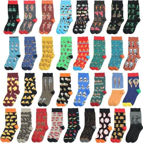 1 Pair New Hip Hop Cotton Mens Socks Harajuku Happy Funny Cat Duck Dinosaur Dress Socks For Male Wedding Christmas Gift