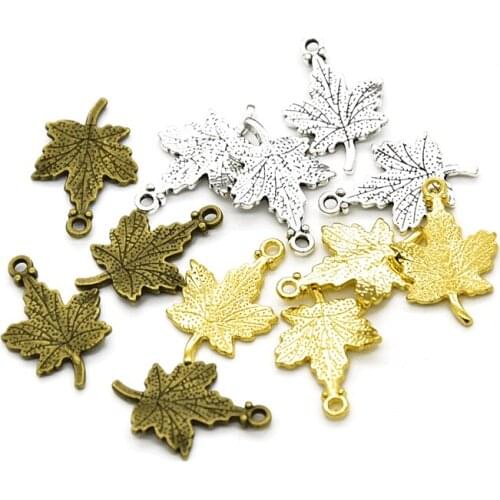 MENGJIALE 30pcs/lot Three Color Maple leaf Charms Small Metal Leaf DIY Jewelry Findings Accessorie 23*15mm