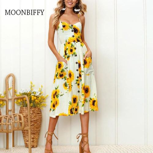 Sexy V Neck Backless Floral Summer Beach Dress Women White Boho Striped Button Sunflower Daisy Pineapple Party Midi Dresses