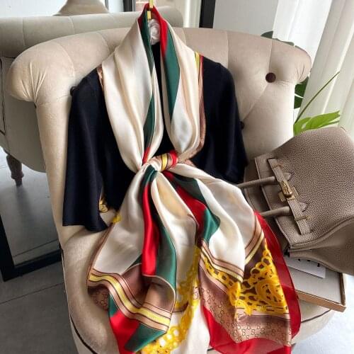 High Quality Summer Autumn and Winter Luxury Woman French Retro Oil Painting Silk Scarf Hijab Beach Sunscreen Shawl Wraps Tops