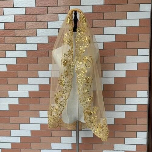 Wedding Veil with Bling Sequins Lace Edge Bridal Veil One Layer Gold Veil for Bride with Comb velo de novia Wedding Accessories