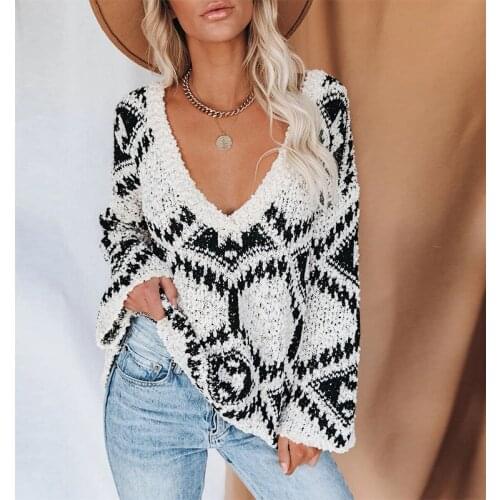 Women Knitted Sweater Print V Neck Pullover Long Sleeve Fashion Casual Winter Sweater 2021 Autumn Winter