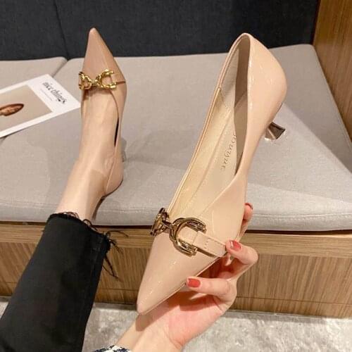 Brand Chain Shoes Fashion Pointed Toe Thin Heels 5cm Pumps for Dress Party Female Office Lady Shoes Candy Color Zapatillas Mujer