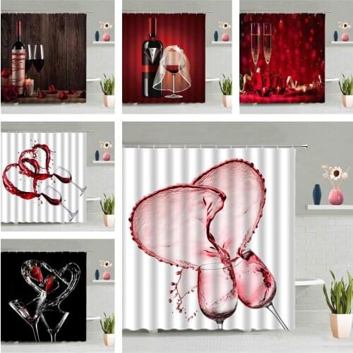 Red Wine Shower Curtain Champagne Wine Glass Cheers Romantic Rose Flower Love Bathroom Wall Hanging Curtains Modern Screen Decor