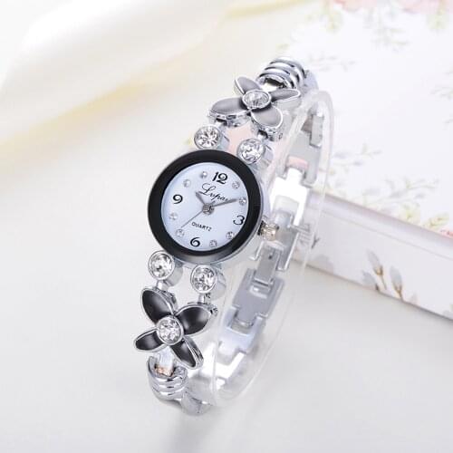 Fashion Womens Flower Rhinestone Clock Bracelet Bangle Analog Quartz Women Wrist Watch