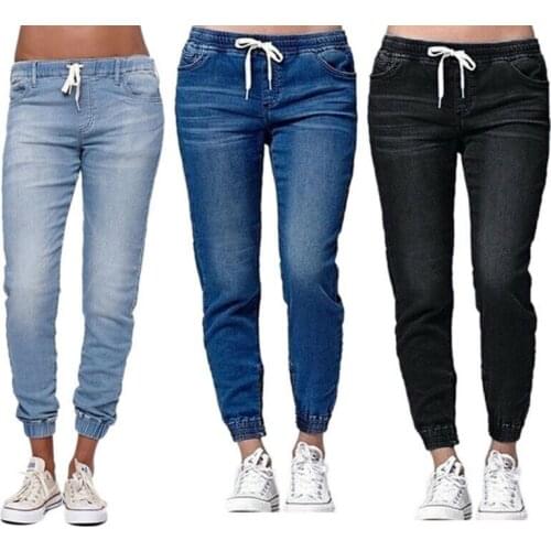 Ladies Casual Denim Jogger Pants Womens Drawstring Elastic Waist Jeans