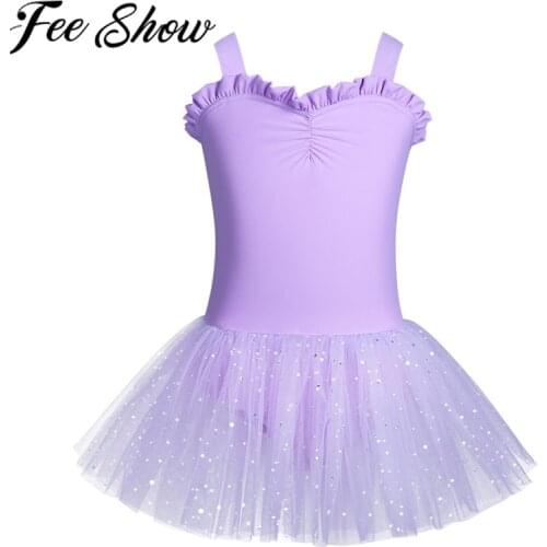 FEESHOW Girls Ballet Leotard Dresses Bling Sleeveless Ruffled Shiny Dance Wear Kids Gymnastics Leotard Ballet Tutu Dress