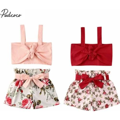 2020 Toddler Kids Baby Girl Clothes Summer Floral Bowknot Crop Tops +Floral Short Pants Set Cool Girl 2pcs