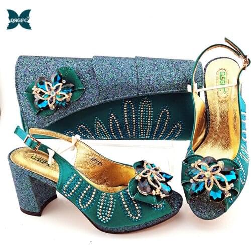 2021 New Arrival Italian Design Colorful Crystal and Metal Decoration Style African Wedding Women Shoes and Bag Set for Party