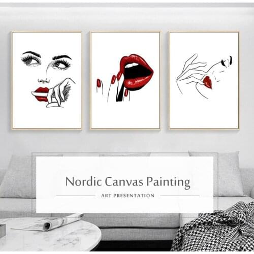 Abstract Simple Line Drawing Black and White Figure Canvas Art Painting Eyelashes Red Lips Manicure Minimalism Home Decor Poster