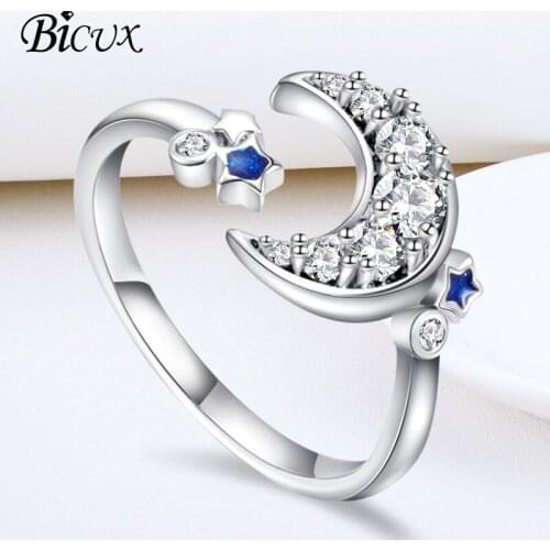 BICUX Fashion Wedding Cubic Zirconia Bague Femme Silver Color Adjustment Creative Star Moon Crystal Zircon Rings for Women