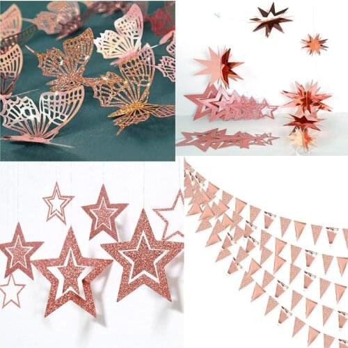 Glitter Rose Gold Party Garlands Decorations Star Dots Paper Banner Hanging For Birthday Party Wedding Butterfly Wall Sticker