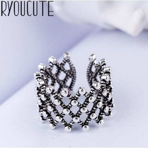 Bohemian Big Real Silver Color Hollow Rings for Women Jewelry Punk Vintage Antique Finger Engagement Ring Party Gift