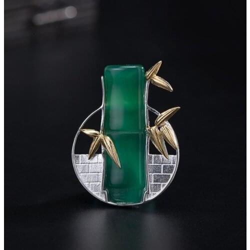 Green Chalcedony Brooch 925 Sterling Silver Bamboo Pin Gold Plated Jewelry Chinese Vintage Hanfu Accessories Brooches Luxury