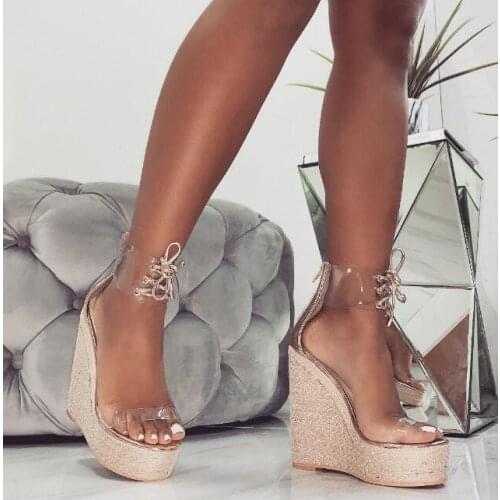 Carpaton Fashion Super High Platform Wedge Sandals Sexy PVC Patchwork Lace-up Gladiator Shoes Rope Braided Summer Shoes