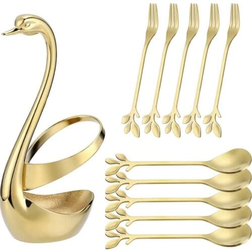 Decorative Swan Base Holder with 5 Forks and 5 Spoons Stainless Steel Gold Creative Swan Coffee Dinnerware Set Desserts Spoon