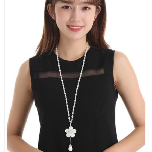 European And American Elegant Shell Flower Pearl Sweater Chain Long Autumn And Winter Wild Inlaid Crystal Pearl Necklace