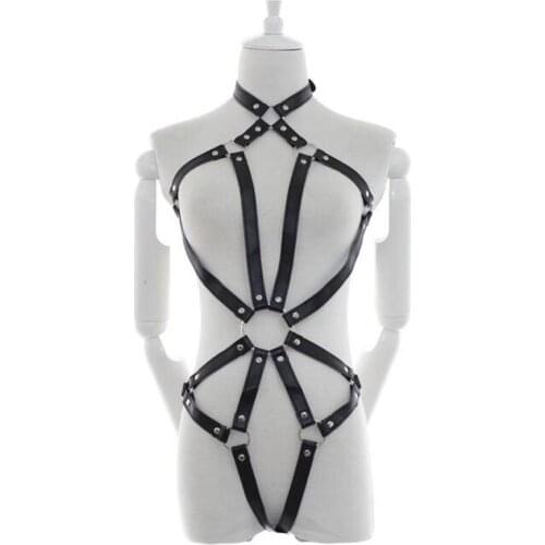 Fantasy PU Leather Strappy Butterfly Body Harness Onesie Womens Hollow Out Bodysuit Open Breast Pole Dance Fetish Costume